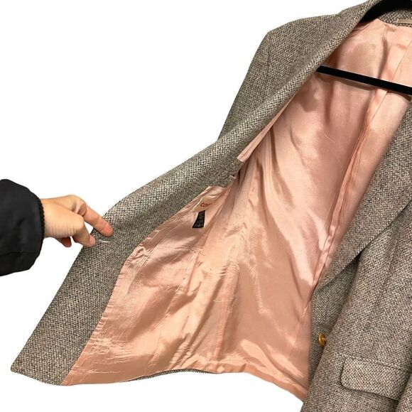 HARRIS TWEED Vintage Hand Woven Wool Double Breasted Jacket Blazer Tan Grey 42R - Picture 2 of 7